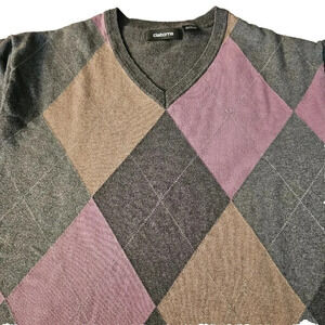 CLAIBORNE CHARCOAL GRAY PURPLE PLAID V NECK SWEATER MENS SIZE L